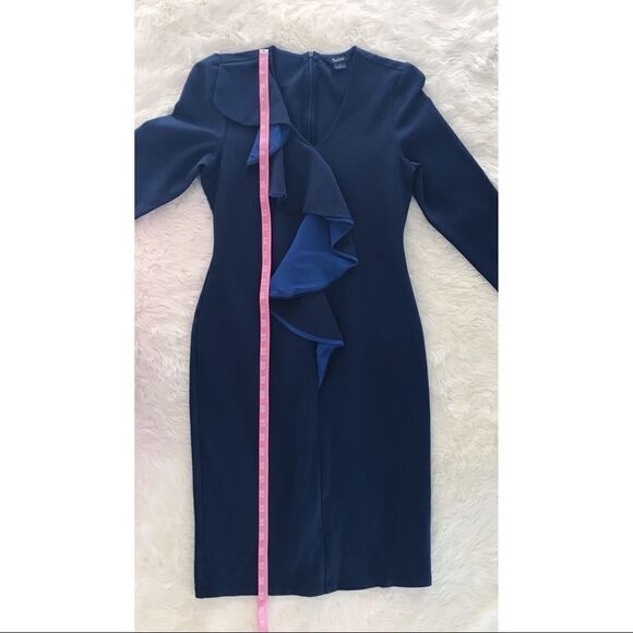 New SABIE Long Sleeve Navy Blue Knit Midi Dress Sheath Office Career Medium - Picture 9 of 10